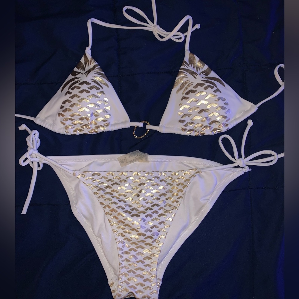 Victorias Secret triangle top two piece string bikini white with gold accent